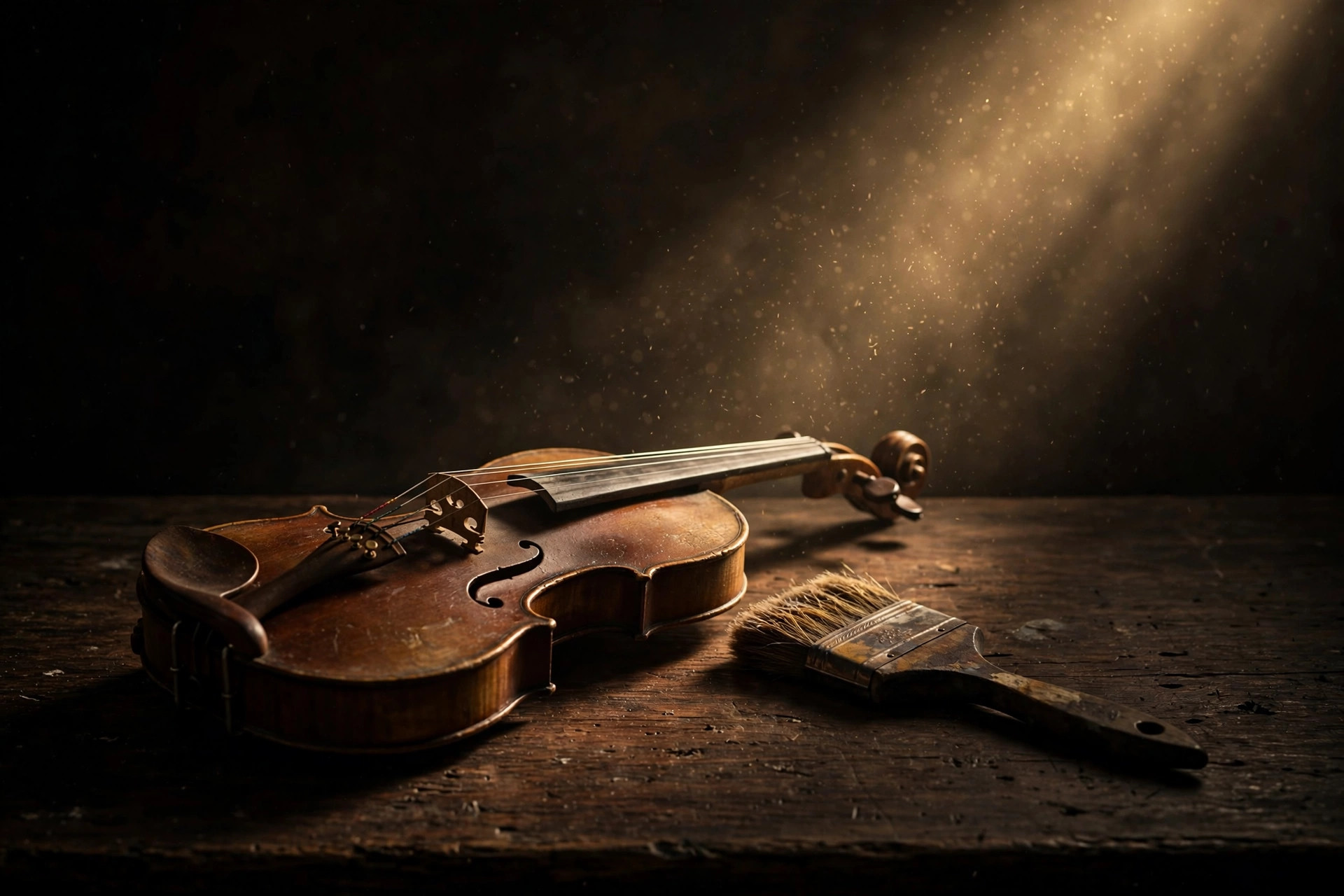 Violin and paintbrush resting in golden light