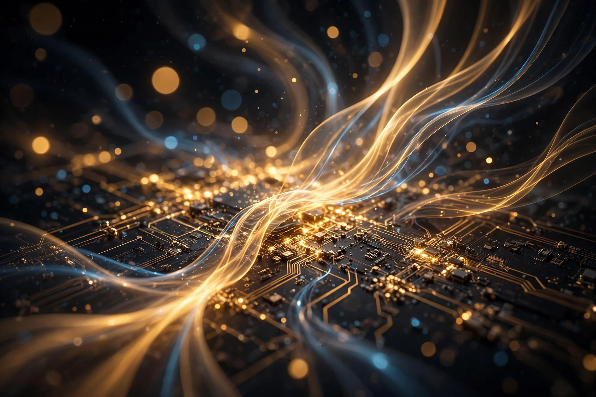 Ribbons of golden light over circuitry