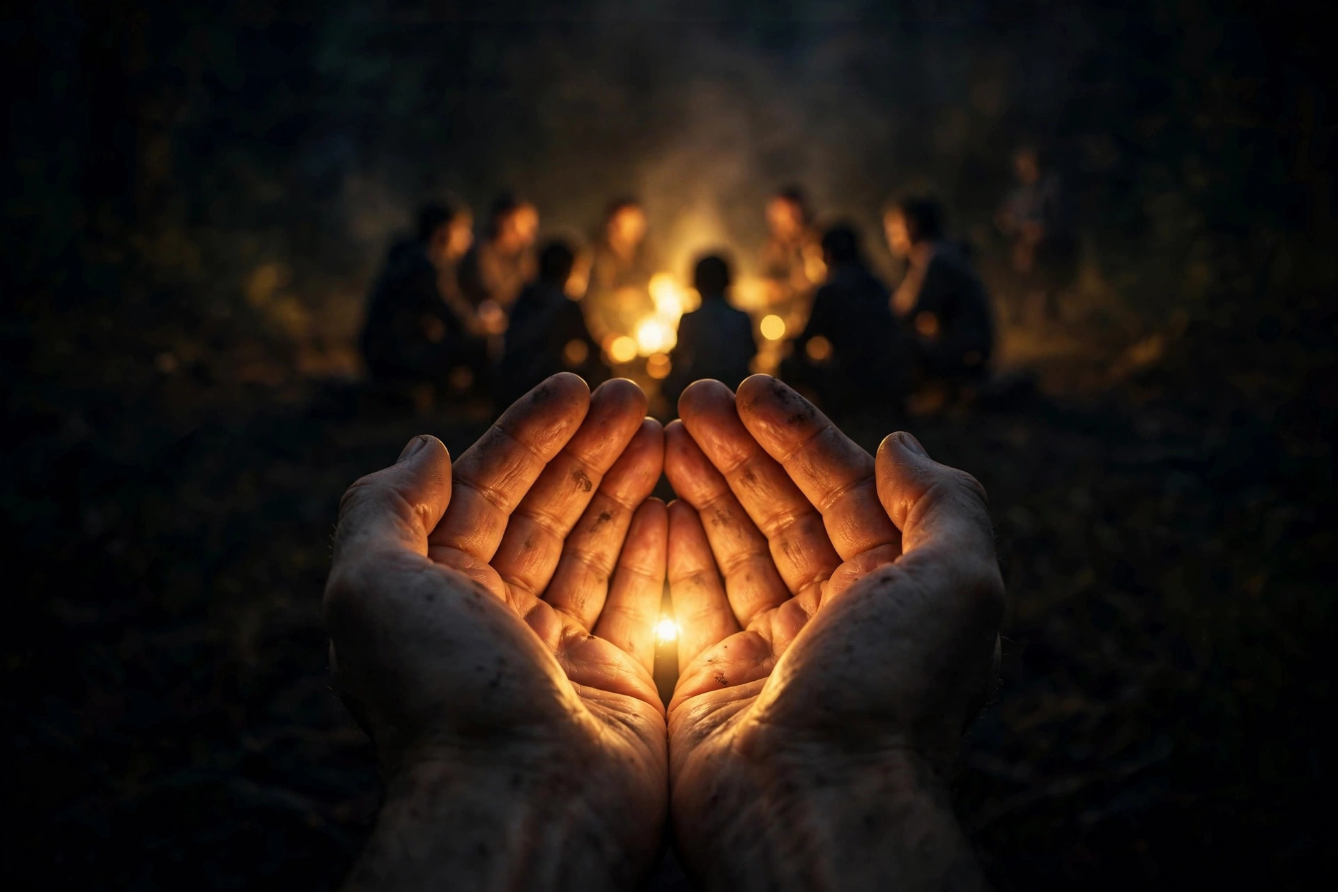 Cupped hands holding a small warm light in darkness